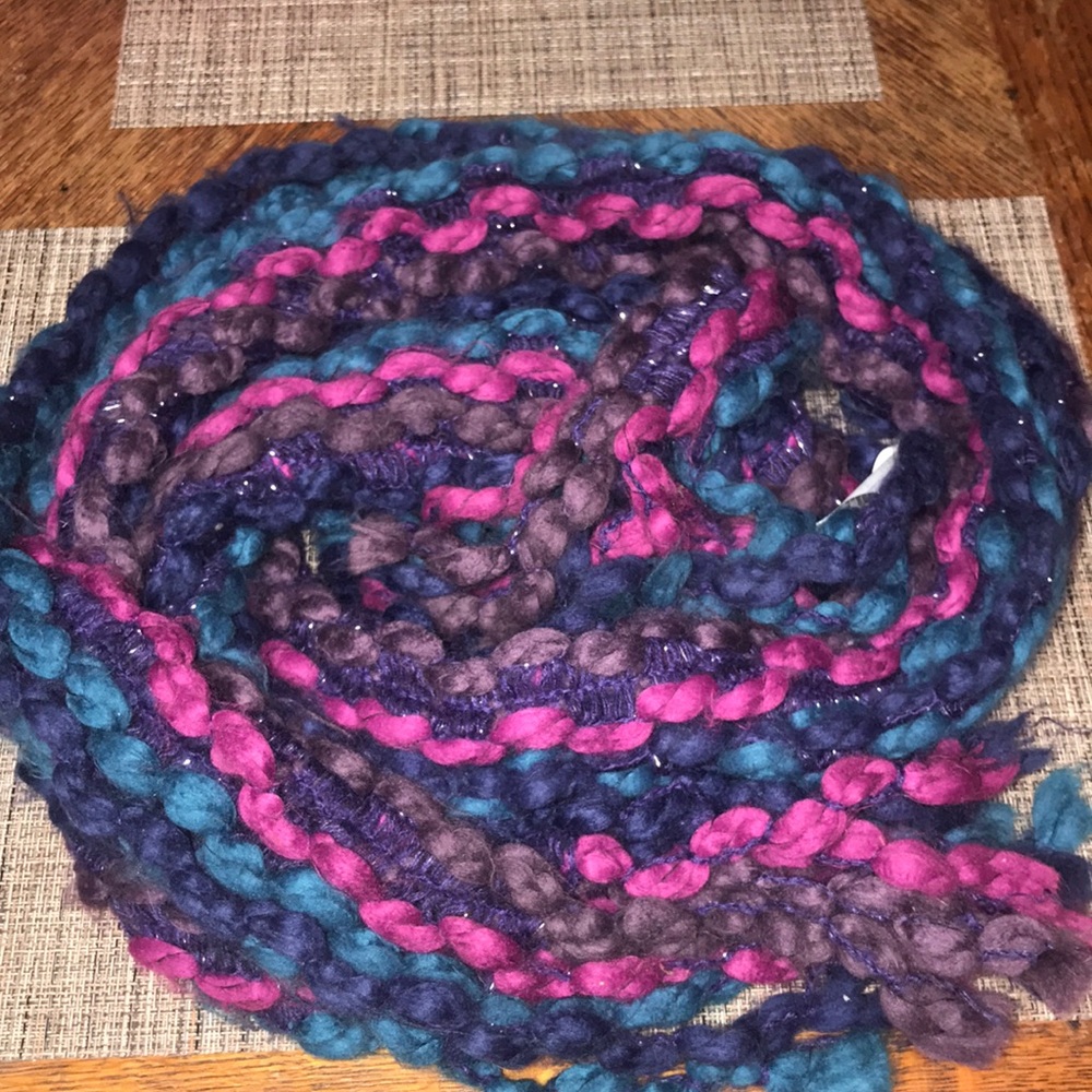 Teal, purple, and pink scarf with shimmer in it